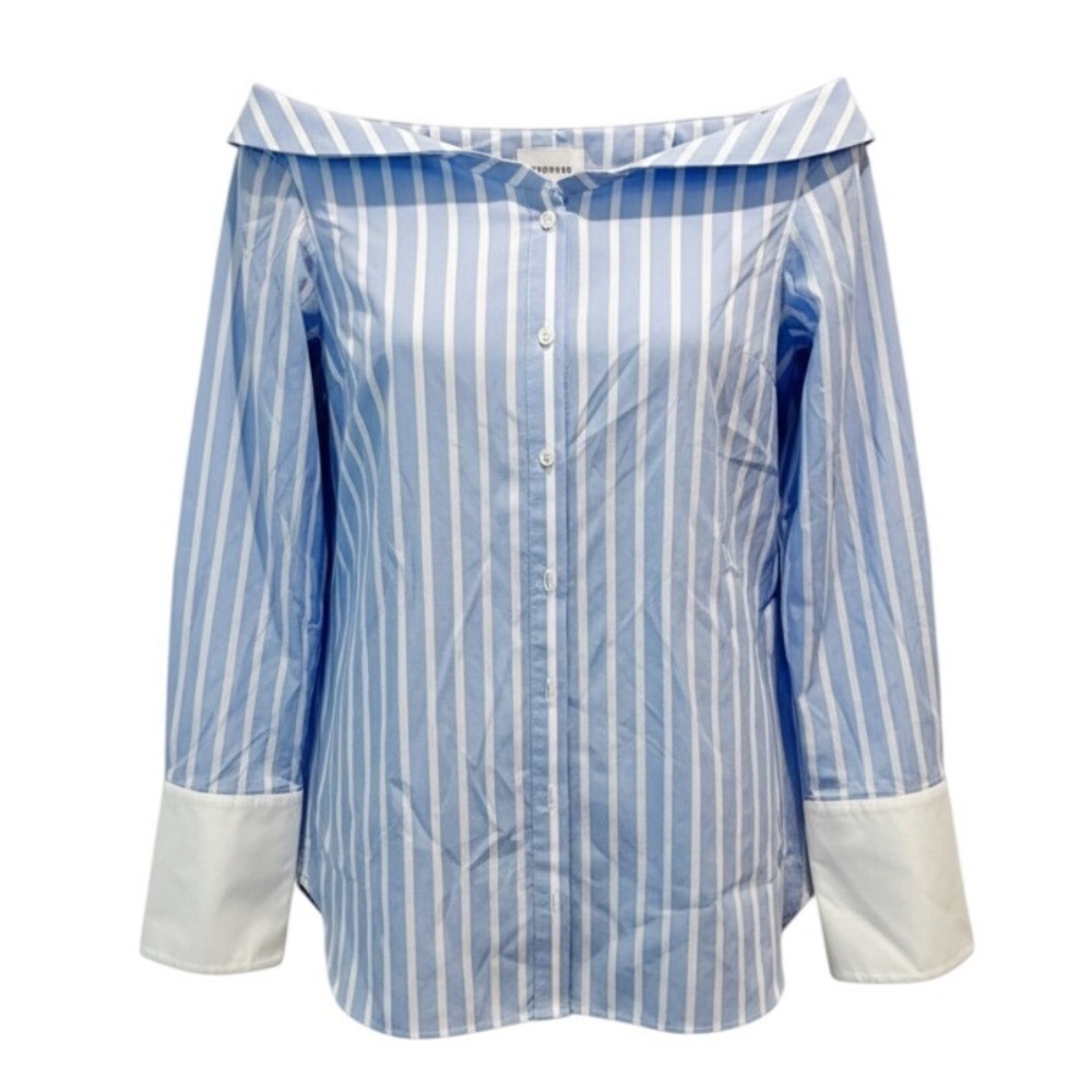 Monographie Blue White Striped Off Shoulder Button Down Shirt Size S Cotton